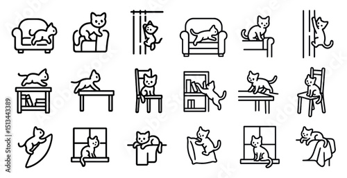 Adorable cats on furniture and shelves - playful line art for pet lovers