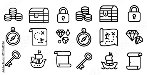 Treasure hunt icons: maps, compass, and locks for adventure design