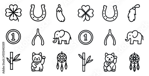 Collection of good luck symbol icons for design and decoration