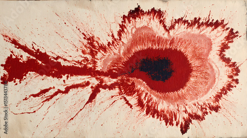 editorial layout on automatic drawing | memory corruption | existential blur | vivid psychological red | asymmetric dispersal | organic mutation | symbolic eruption | spontaneous ink application |