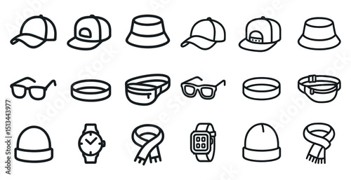Collection of hat, sunglasses, watch, and scarf icons for fashion design