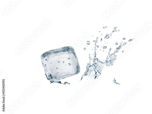 Frozen refreshment: Ice cube with splashing water on a stark black background