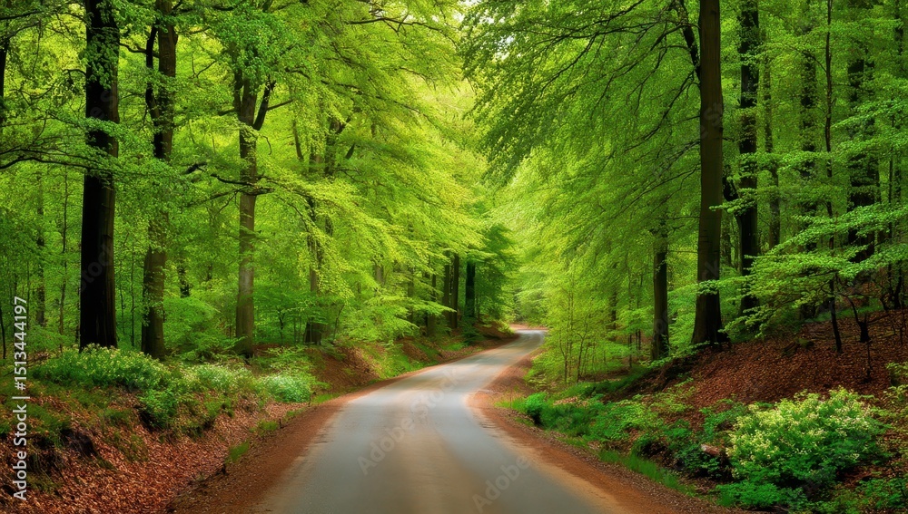 Fototapeta premium Winding road through vibrant green forest