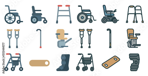 Mobility aids and equipment vector icons for healthcare design