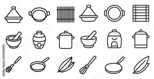Kitchen utensils and equipment icons for culinary design and cooking websites
