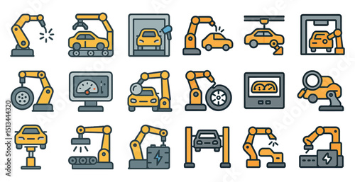 Automated car manufacturing icons for industrial and technology projects