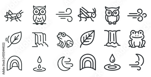 Nature and wildlife line icons for eco-friendly design projects