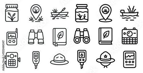 Nature adventure icons for outdoor activities and eco-friendly travel design