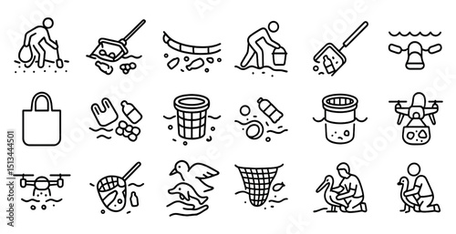 Icon set on environmental conservation and pollution cleanup concepts