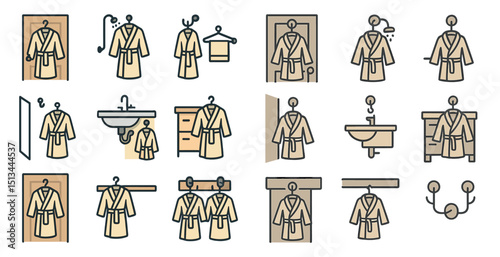 Bathroom and spa icon set featuring bathrobe and hanger designs