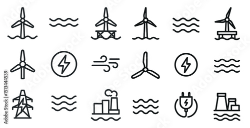 Renewable energy icons featuring wind turbines and power stations for print and design