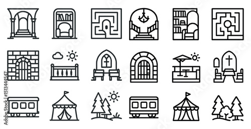 Black and white icon set of buildings, nature, and transportation elements