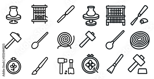 Traditional crafting tools and techniques icon set for diy projects
