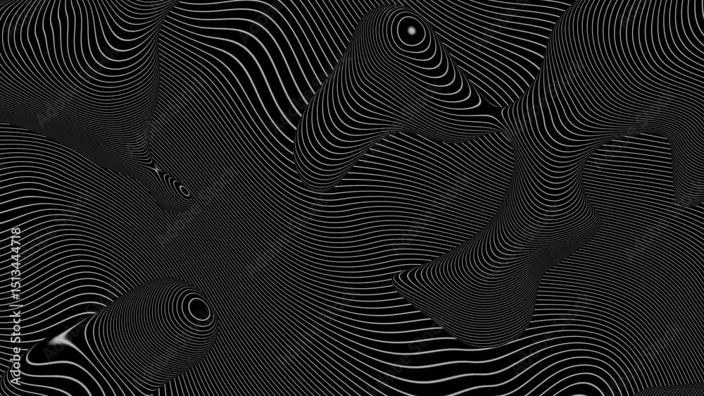 Black and white abstract wavy and curvy lines pattern seamless loop copy space dark background animation.