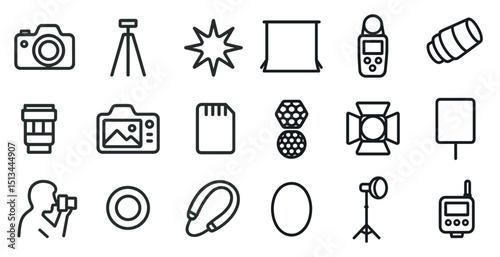 Photography equipment icons set for camera and studio use