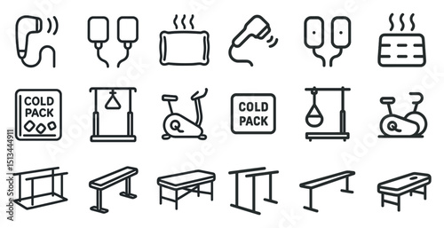 Fitness and therapy equipment icons for health and wellness design