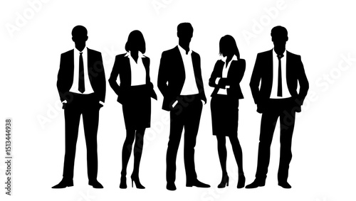 Silhouette of five business people standing in formal attire isolated on transparent background, no background