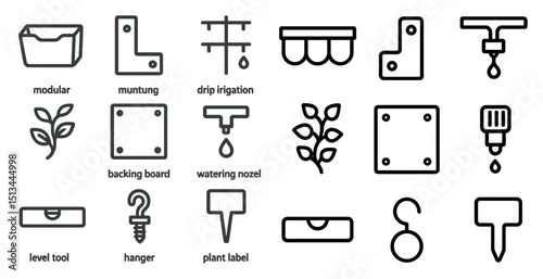 Gardening equipment and plant care icons for design projects