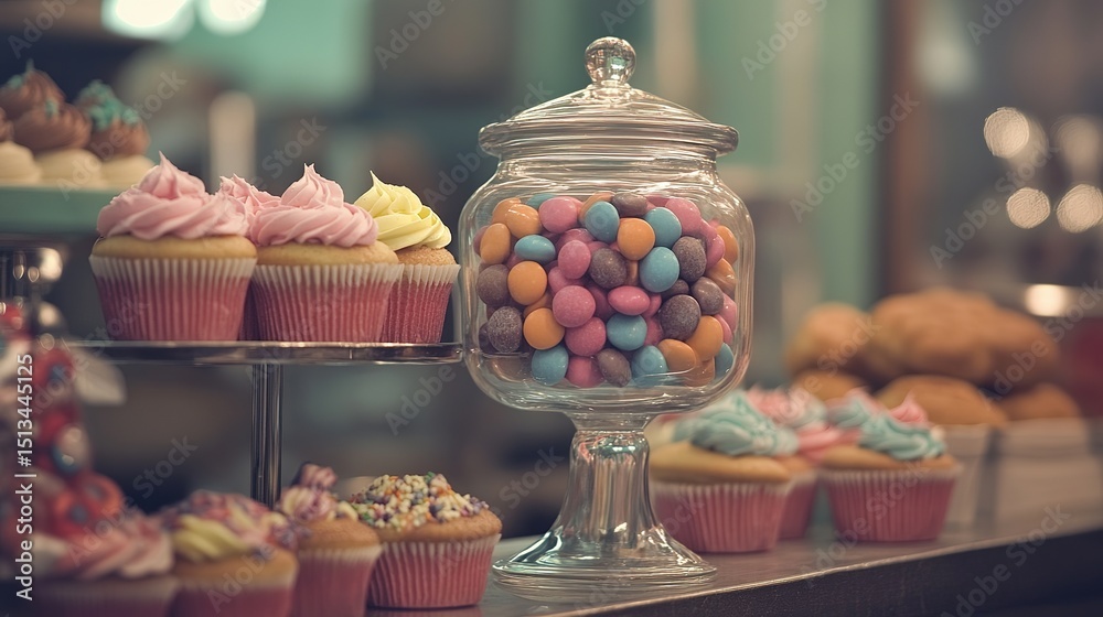 Naklejka premium A candy jar on a bakery shelf surrounded by cupcakes