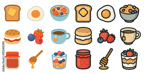 Colorful breakfast icons collection featuring food and drinks for design and decoration