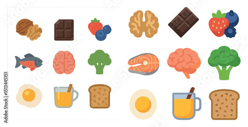 Healthy food icons featuring nuts, berries, fish, and vegetables for nutrition concepts