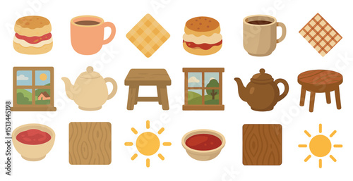 Cozy breakfast elements with tea, biscuits, and sunny themes for kitchen decor