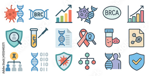 Genetic and cancer research icons - dna, virus, shield, test tube, magnifying glass