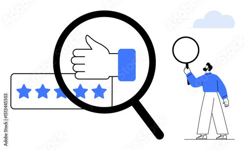 Magnifying glass emphasizes thumbs-up and 5-star review, with a person holding an empty circle. Ideal for feedback, quality assurance, evaluation, customer satisfaction, review management, brand