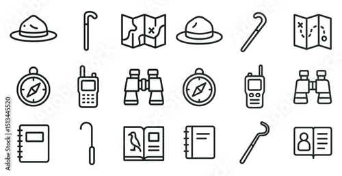 Adventure and exploration icons for maps, navigation, and hiking