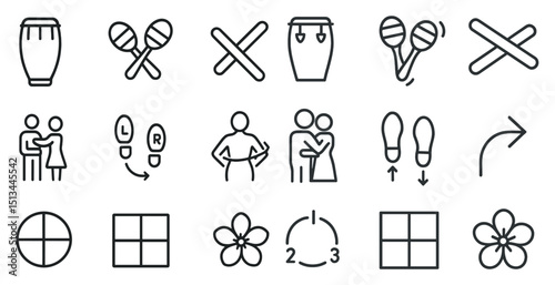 Collection of dance and music icons featuring percussion instruments and dance steps