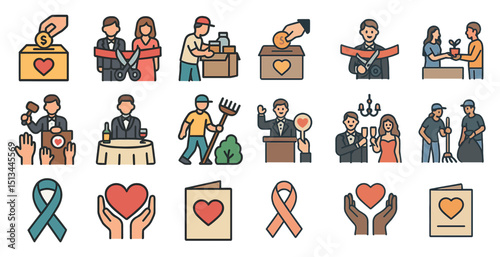 Community engagement and charity activities icons for volunteering and fundraising design