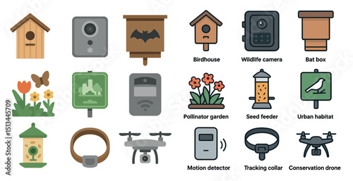 Wildlife conservation tools and urban habitat icons for environmental awareness