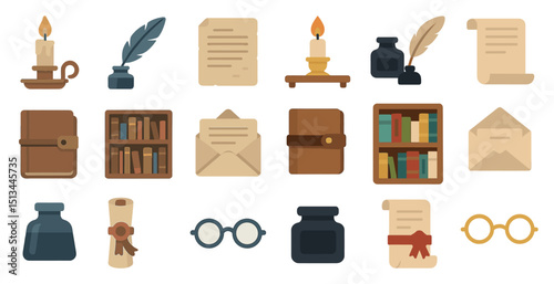 Vintage stationery and writing tools: quill, ink, and candles for classic literature design
