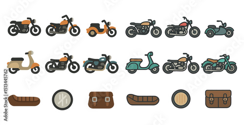 Vintage and modern motorcycles and accessories for design projects
