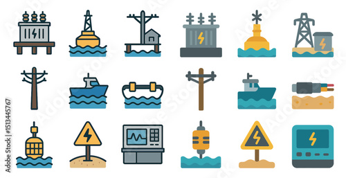 Electrical energy and maritime safety icons for technology and design projects