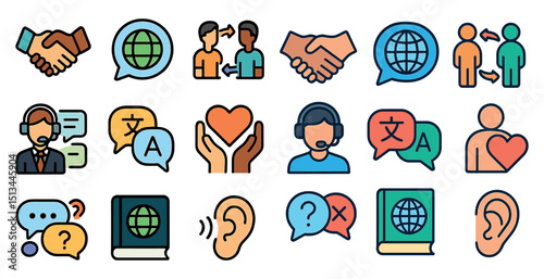 Communication and translation icons for global interaction and customer support