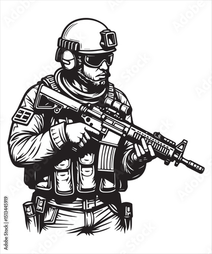 Armed soldier in tactical gear, ready for action.