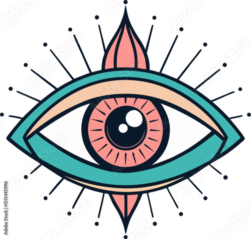 Seeing eye tattoo vector drawing with light rays and eye details expressing intuition clarity and mystery