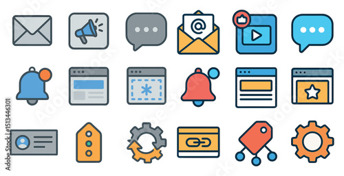 Colorful digital interface icons for web and communication design
