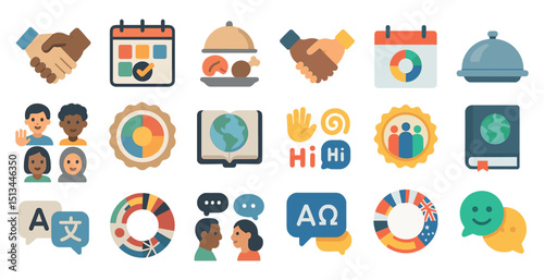 Diverse communication and global harmony icons for multicultural projects