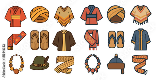 Traditional clothing and accessories collection - cultural attire and fashion elements for design