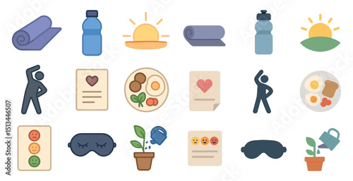 Wellness and fitness icons with yoga, nutrition, and nature elements for design