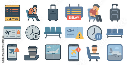 Travel delay icons set featuring passengers, luggage, and waiting areas for app design