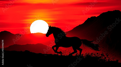 Silhouette of a horse running against a red sunset with mountains in the background landscape view created with generated ai