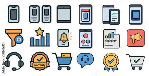 Modern smartphone communication and e-commerce icons set for digital design