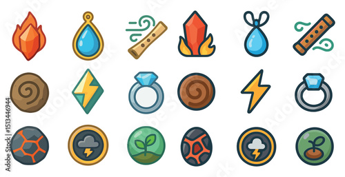 Colorful elemental icon set featuring fire, water, and earth symbols for design