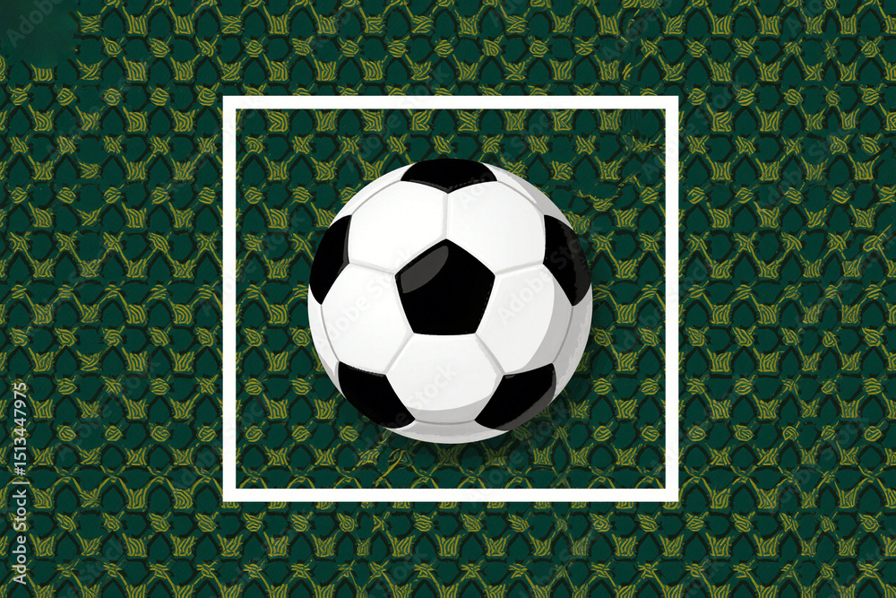 Obraz premium Soccer ball inside a square frame on a patterned green background