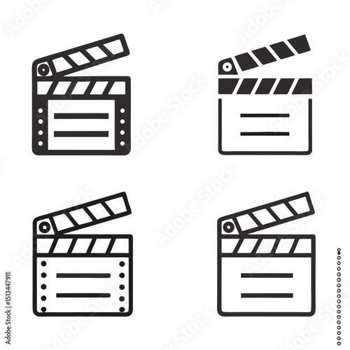 Set of Movie Clapperboard Icons in Black and White for Film Industry