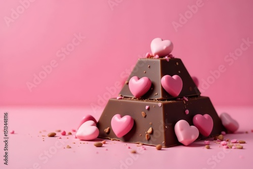A decadent chocolate pyramid adorned with pink candy hearts against a pink backdrop , dessert, pastry, gift