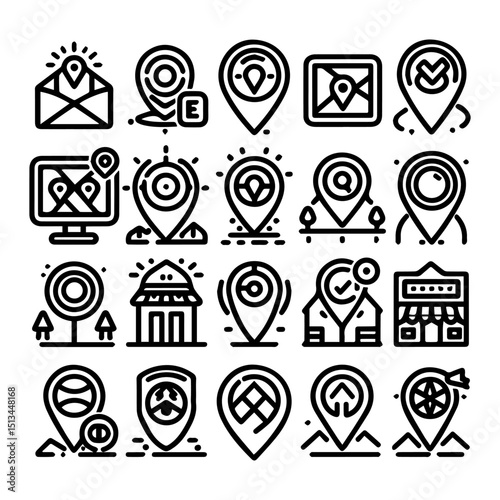 Collection of location and navigation symbols representing pinpoint accuracy and destination tracking. Technology concept